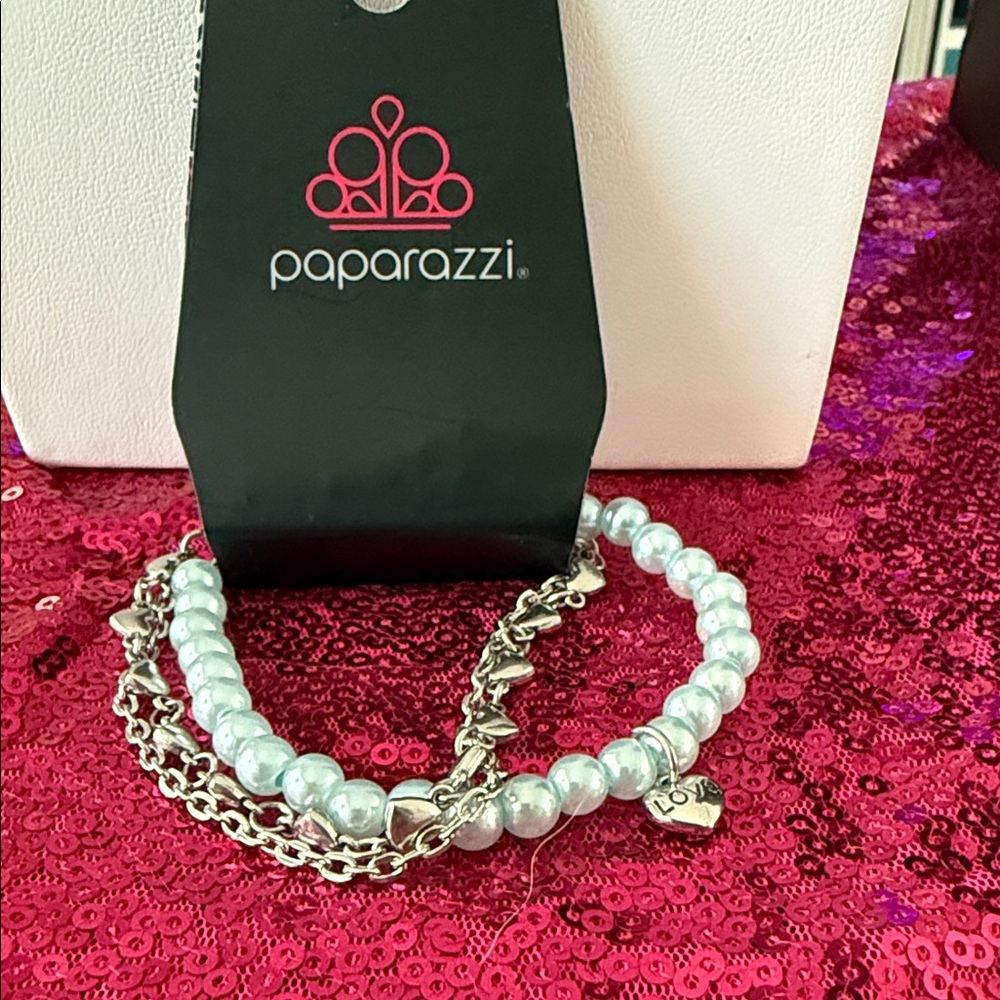 Paparazzi Silver Heart Charm Bracelet with White Beads